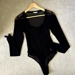 Free People Intimately Black Love Sleeve Sheer Mesh Bodysuit Size S